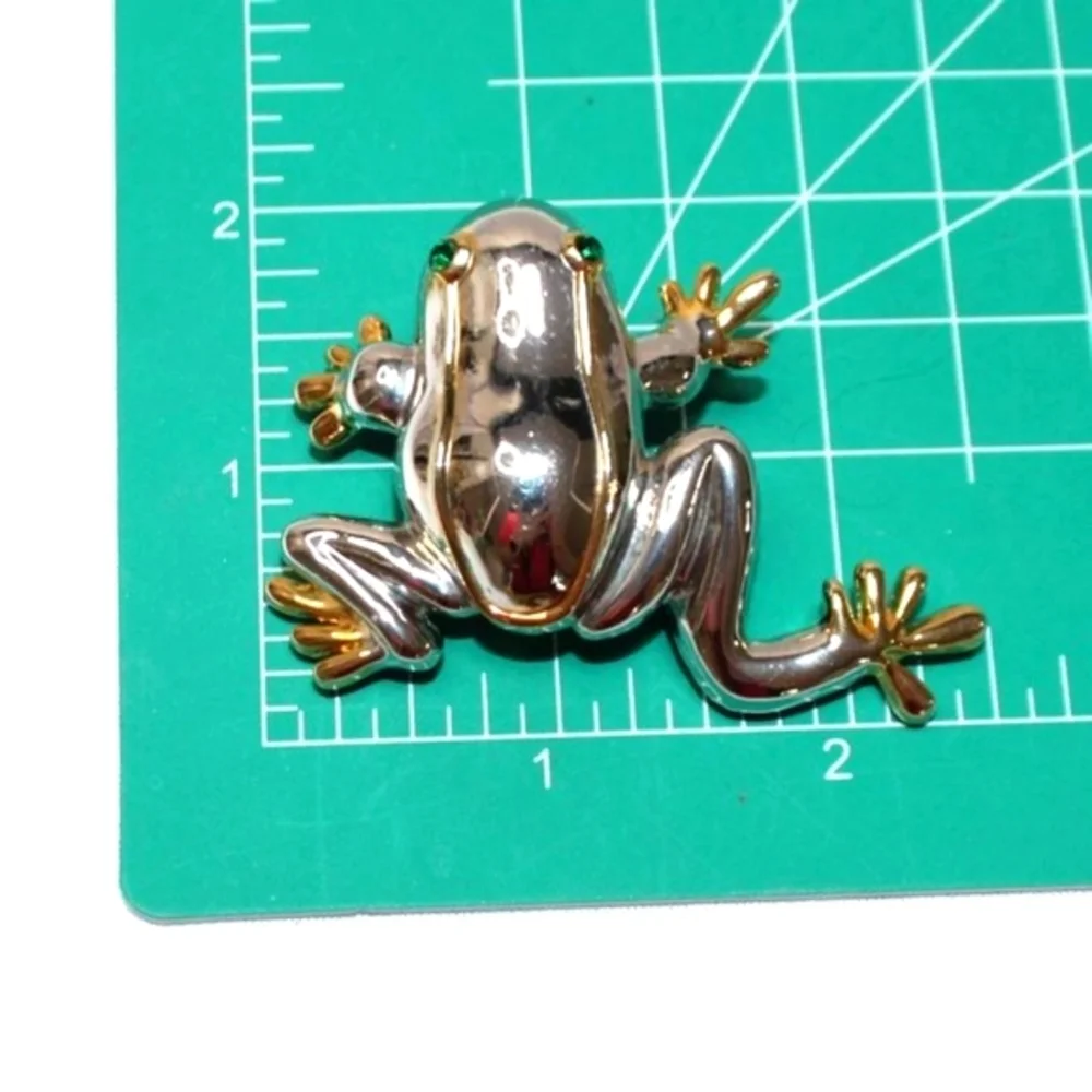 Silver and Gold Trimmed Frog Brooch with Green Eyes